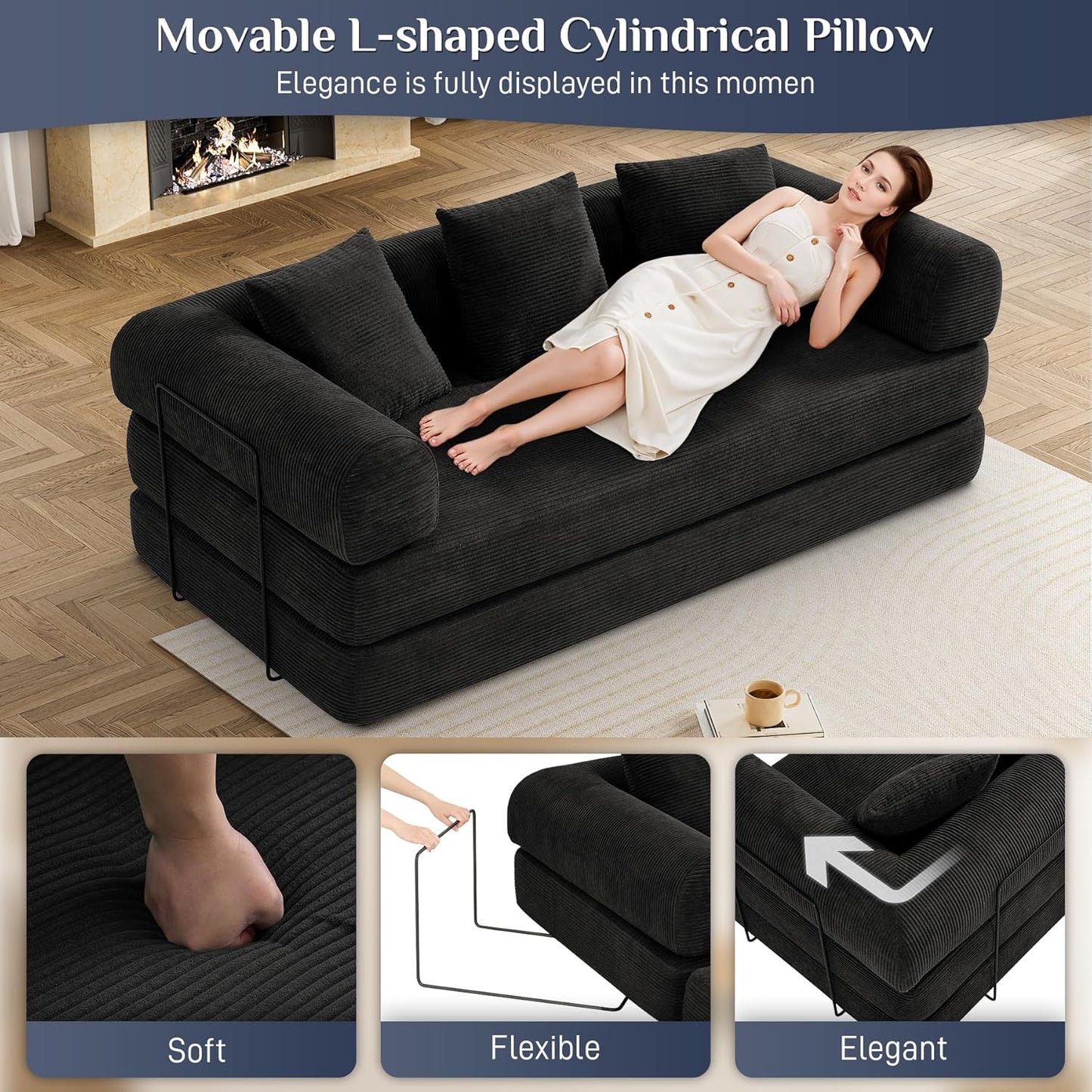 Convertible Sleeper Sofa Bed with Pillow, 4-in-1 Corduroy Folding Mattress Couch with Fixed-Shape Frame, Futon Fold Out Floor Sofa Cama Lounge Couch for Living Room Bedroom Studio, Black