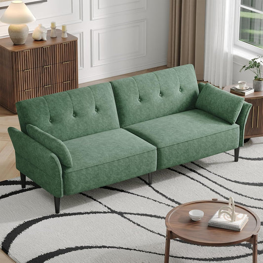 89” Futon Sofa Bed, Comfy Futon Couch Bed with 2 Square Pillows, Convertible Sleeper Sofa with Adjustable Backrest& Armrests, Modern Loveseat Sleeper for Living Room, Bedroom,Light Green