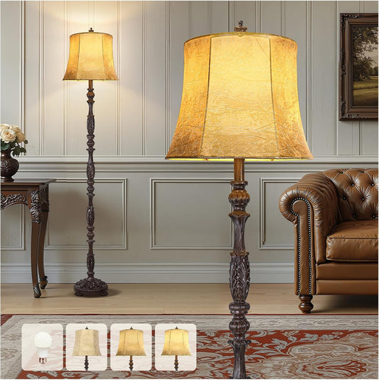 Scenekoy Vintage 66” Tall Floor Lamp for Living Room Bedroom, Retro Resin Carved Standing Lamp with Faux Leather Shade, 3-Way Dimmable Bulb, Rotary Switch Rustic Corner Light for Home Decor