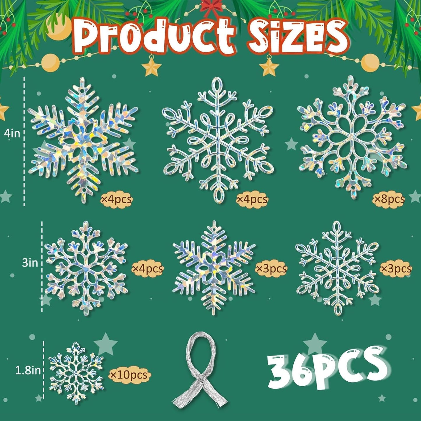 36 Pack Christmas Ornaments Snowflakes Decorations - Iridescent Plastic Snowflakes Hanging Decorations for Winter Holiday Christmas Birthday Party Decoration Supplies