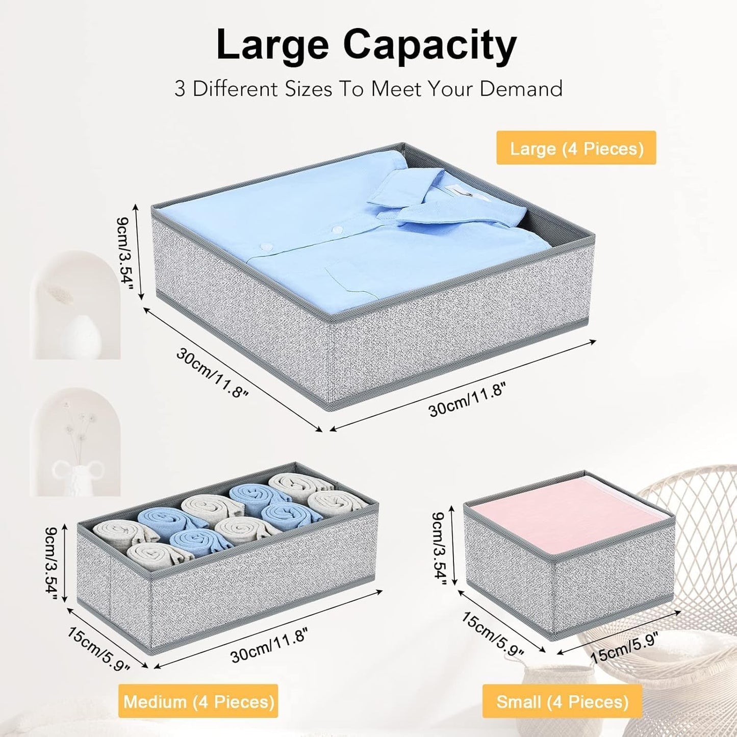 DIMJ Drawer Organizer Clothes 12 Pack - Foldable Baby Organizers and Storage & Dresser Organizer for Bedroom, Closet - Nursery Organization Dresser Dividers for underwear, Sock,Bra, Belt, Tie, Gray