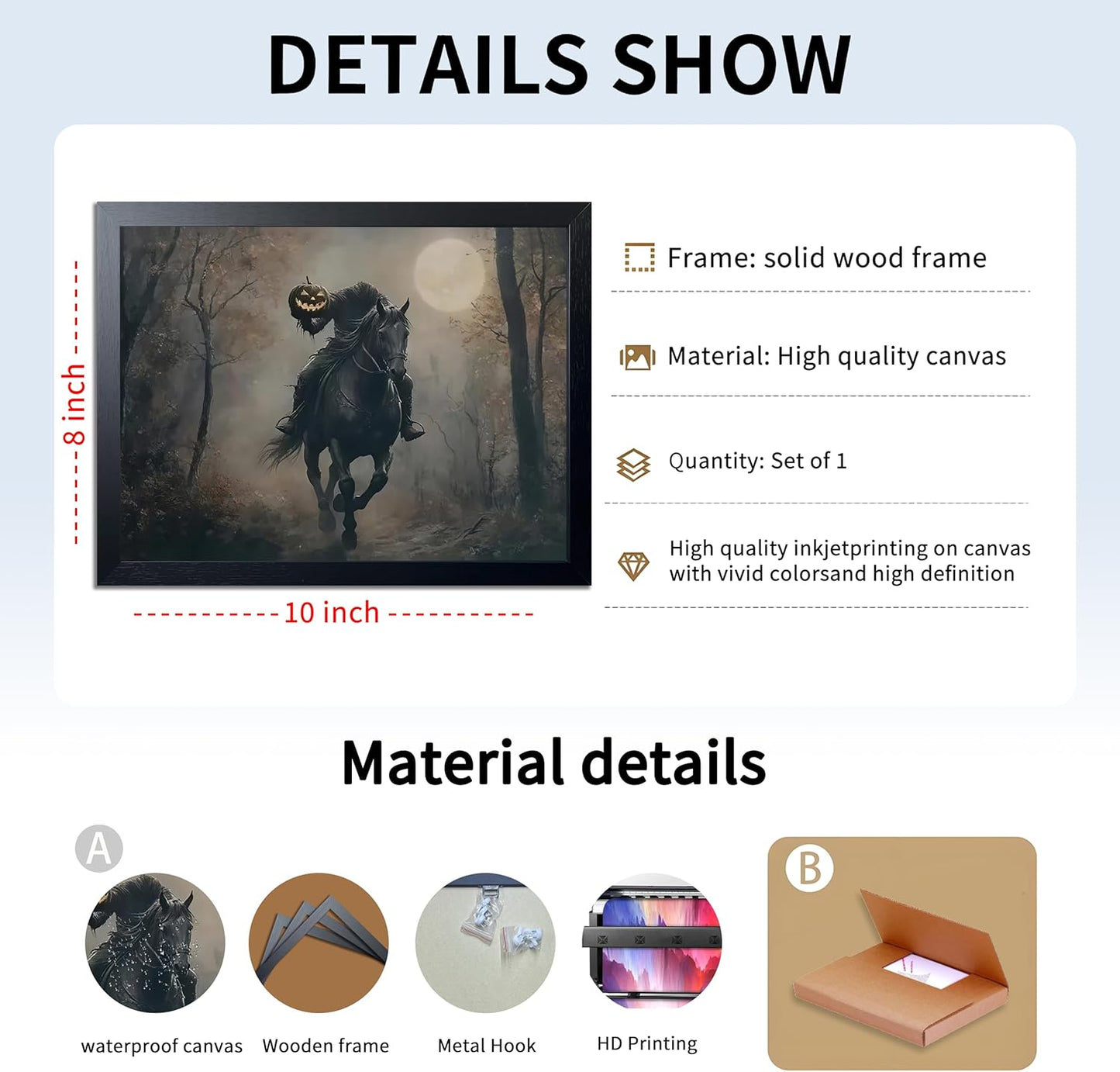 Black Wood Framed Halloween Canvas Wall Art Painting, Headless knight holding a pumpkin lantern Wall Decor, Vintage Dark Academia Gothic Poster Print, for Living Room Bedroom Office Decor 8x10 Inch