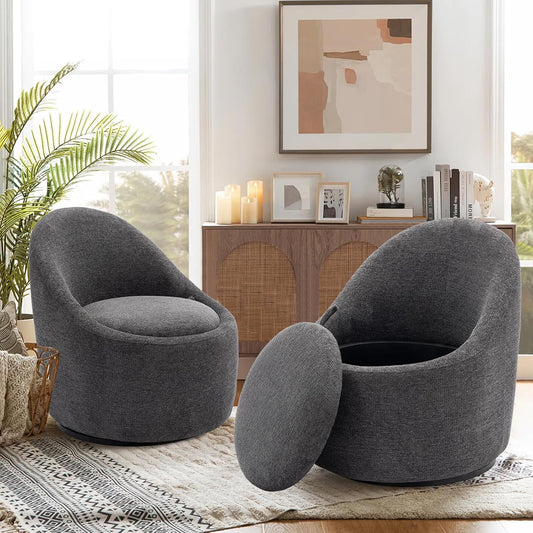 COLAMY Swivel Accent Chair Set of 2, 360° Swivel Round Chair with Hidden Storage, Modern Small Barrel Armchair for Living Room/Bedroom, Darkgrey