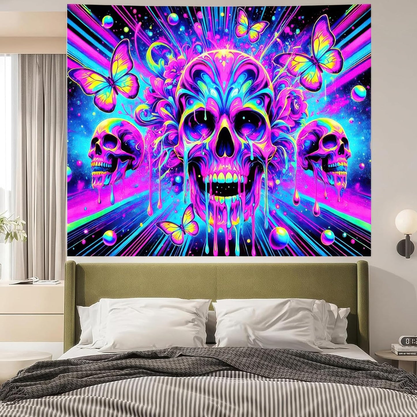 BlissYard Blacklight Skull Butterfly Tapestry 78x59 Inch UV Reactive Wall Art for Bedroom Living Room Decor
