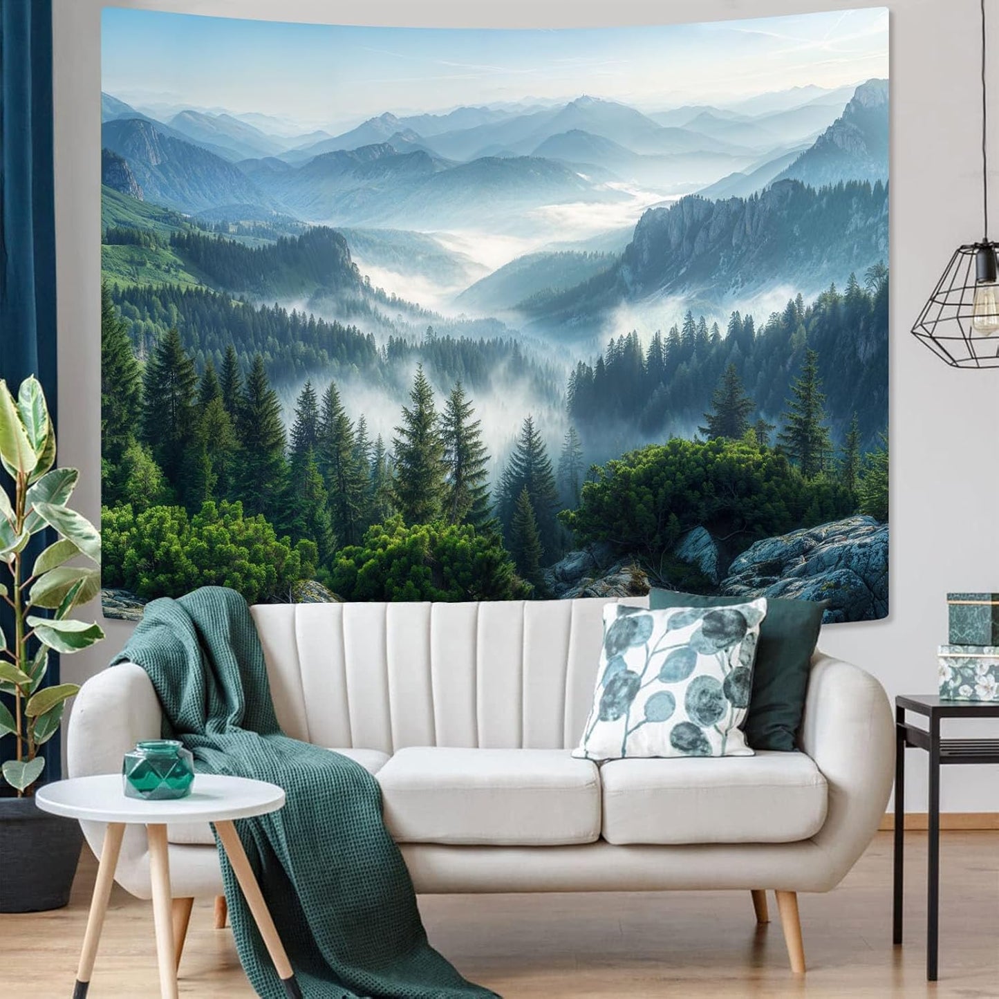AMM Nature Forest Mountain Tapestry Green Misty Pine Tree Tapestry for Bedroom Aesthetic Foggy Woodlands Sky Landscape Tapestries Wall Hanging for Living Room Dorm 60 x 44 Inch