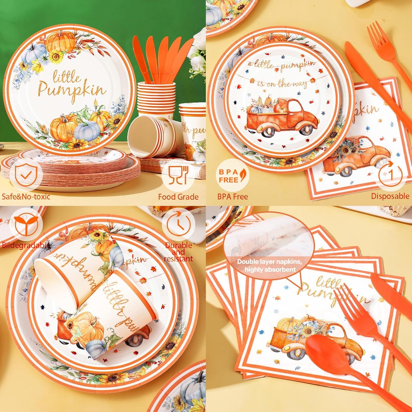 168 Pcs Little Pumpkin Plates and Napkins, Fall Baby Shower Plates and Napkins Sets Serves 24, Little Pumpkin Baby Shower Decorations Boy, Orange Blue Autumn Farm Thanksgiving