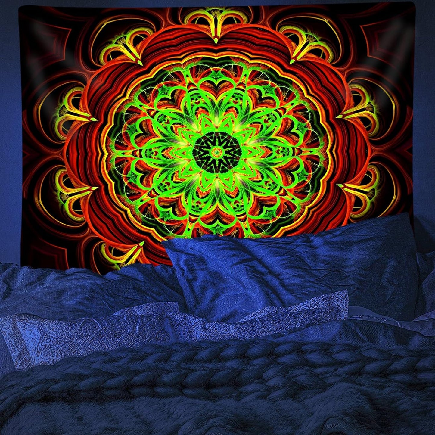 Blacklight Mandala Tapestry Wall Hanging, Psychedelic Black Light Posters for Adults and Teens, UV Reactive Aesthetic Golden Art for Bedroom (60 x 50 Inches)