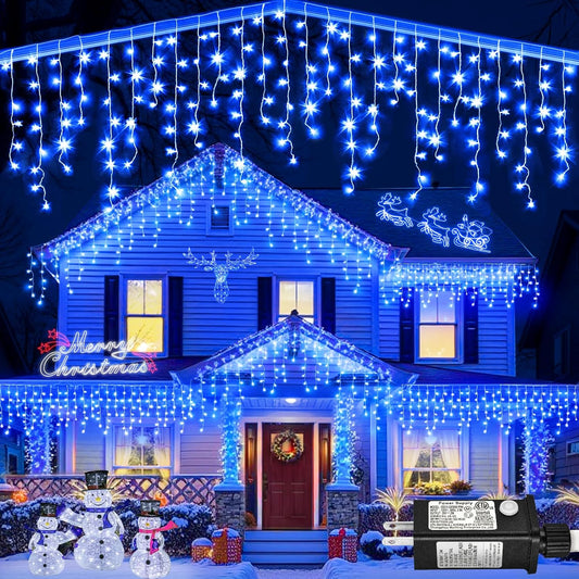 Icicle lights Outdoor - 33ft Christmas Lights with 400LED 75 Drops 8 Modes, Plug in Curtain String Lights Waterproof for Holiday Wedding Party Home Garden Bedroom Indoor Outdoor Decoration, Blue