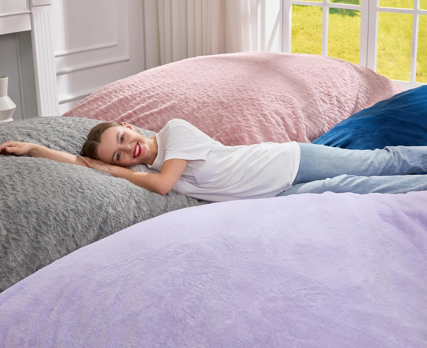 Hobestluk 3 in 1 Bean Bag Chair Giant Bean Bag Chairs for Adults with Chevron Plush Fur Cover Convertible Bean Bag Floor Cushion with Machine Washable Cover for Living Room (Plush Grey)