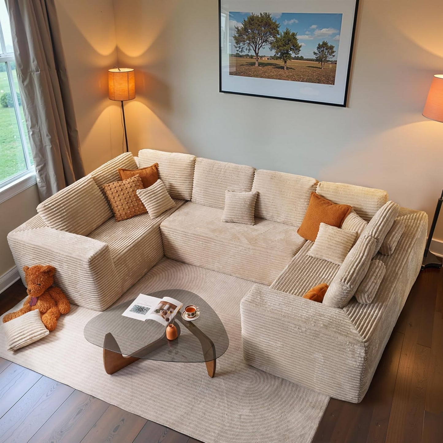 ovios Sectional Cloud Couch for Living Room, Modular Floor Sofa with Plush Corduroy, No Assembly Required, Big Comfy Couches Set with Fluffy Memory Foam, Stupendous U Shaped Sofas with Chaise, Grey