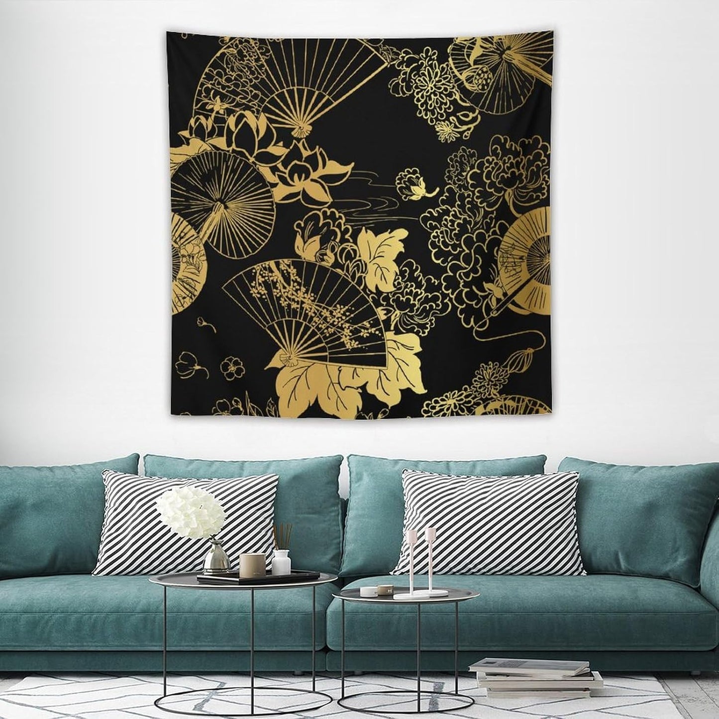 HZOHNAGO Japanese Tapestry Gold Flowers Umbrella Fan Pattern Printed Wall Tapestry Painting Wall Hanging for Bedroom Living Room Dorm 60" W x 60" H