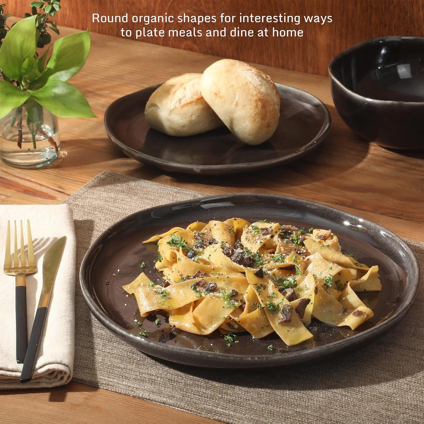 Gibson Elite Nardini 12 Piece (Service for 4) Plates and Bowls Reactive Glaze Dishes Stoneware Ceramic Dinnerware Set - Black