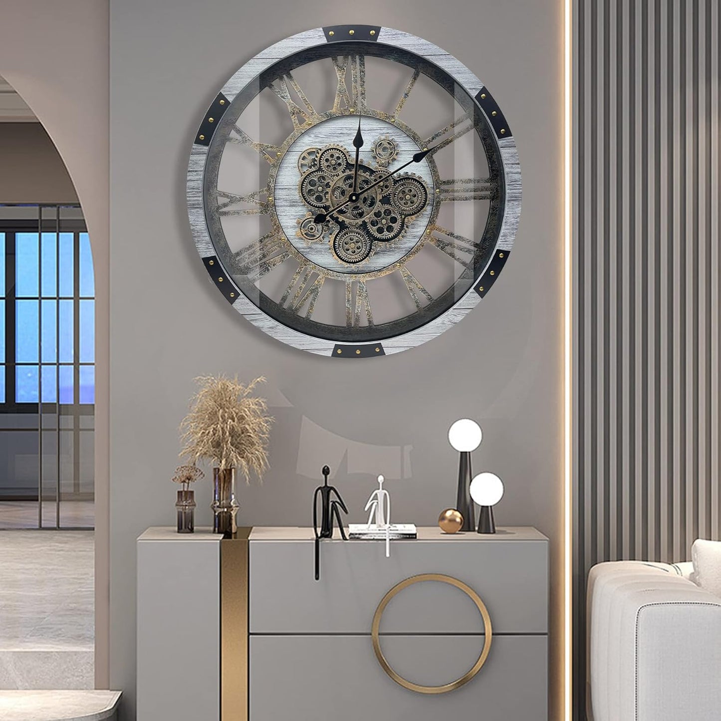 DORBOKER 24" Large Wall Clock with Moving Gears,Oversize Vintage Industrial Rustic Farmhouse Clocks for Living Room Decor Office Home,Solid Wood HD Tempered Glass Cover,Silver Grey