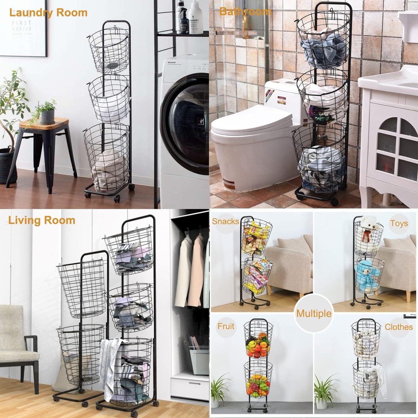 3 Tier Laundry Basket with Rolling Lockable Wheels Wire Metal Sorter Storage Trolley Shelf Basket Durable Metal Sorter Clothes Storage Trolley Shelf with Removable Hamper for Organizing Clothes