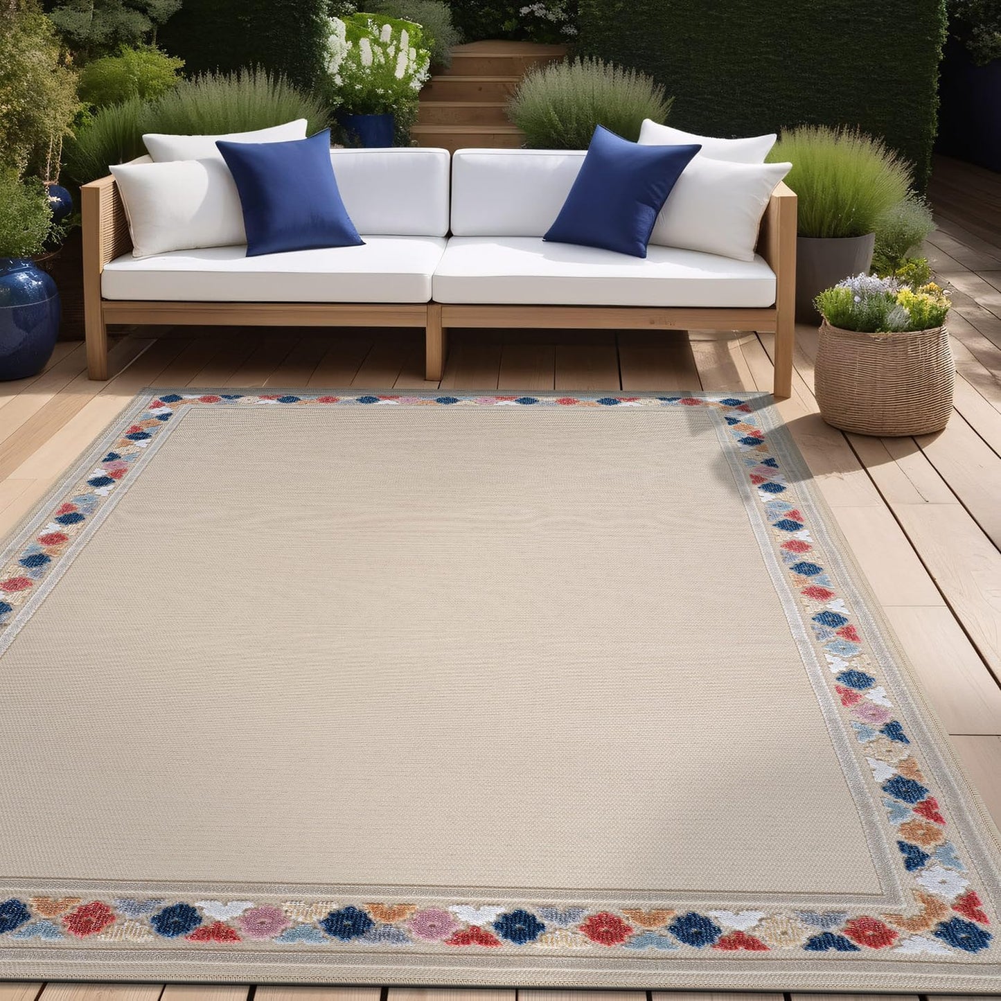 Beverly Rug Outdoor Rug 4x6 Modern Bordered Area Rugs for Indoor and Outdoor Patio Easy to Clean Non Shedding Living Room Porch Garden Washable Outside Carpet (4 x 6 Beige)