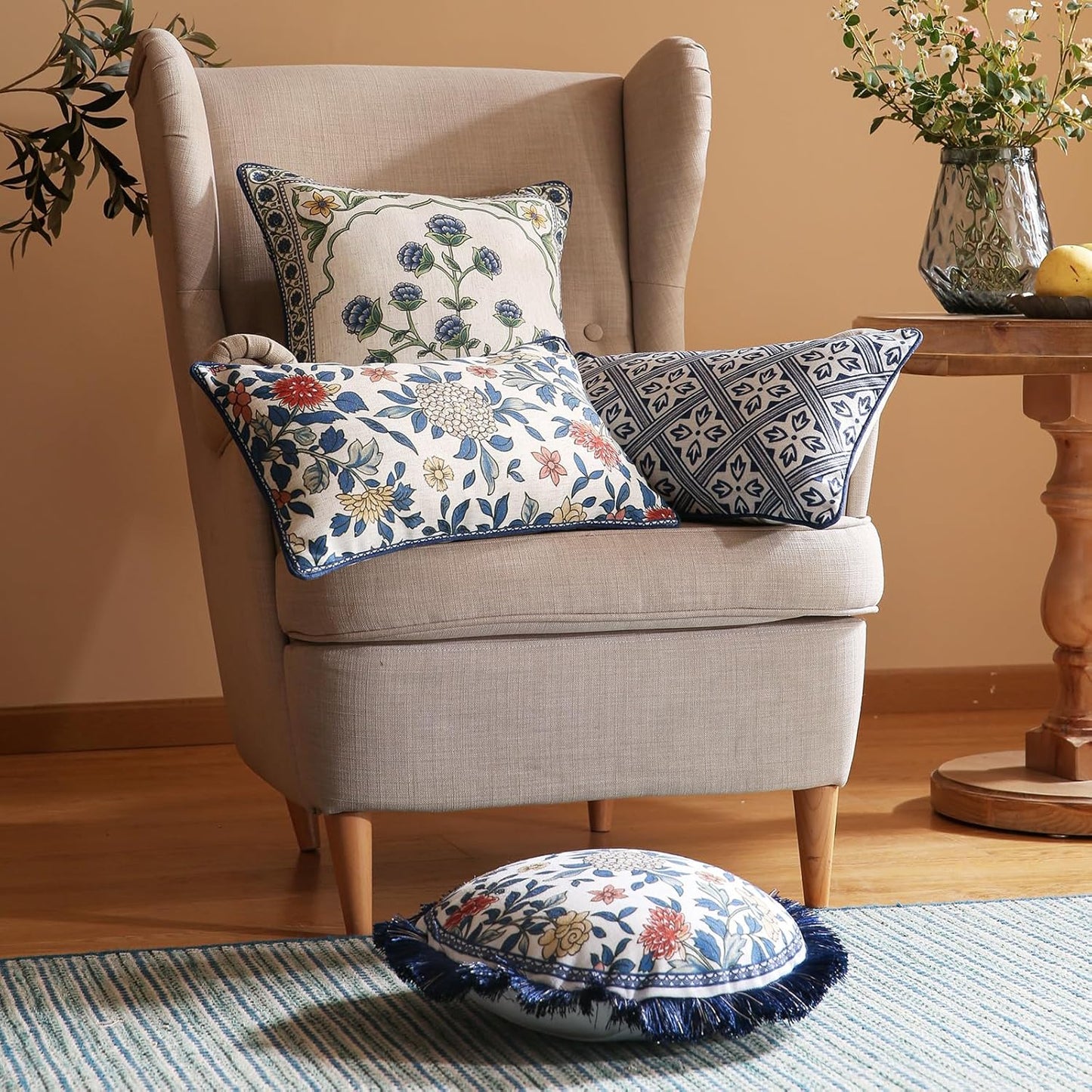 patdrea Designer Floral Linen Throw Pillow Covers,Blue French Cottage Flower Pattern Decorative Pillowcases Cushion for Bed Living Room Outdoor Car,Pack of 4