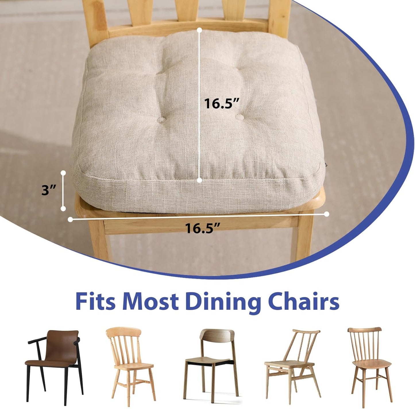 Chair Cushions for Dining Chairs, Dining Chair Cushions, Tufted Indoor Chair Pads with Ties & Non Slip Backing, Seat Cushions for Kitchen Chairs 16.5” x 16.5” x 3.5”, Set of 2, Beige