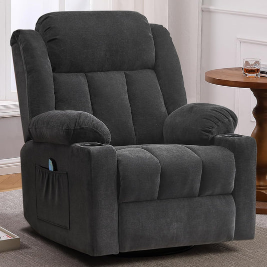 Rocker Swivel Recliner Chair for Adults, Overstuffed Large Manual Recliner Glider with Massage and Heat, Comfy Soft Fabric Living Room Reclining Sofa Chair (Black Fabric)