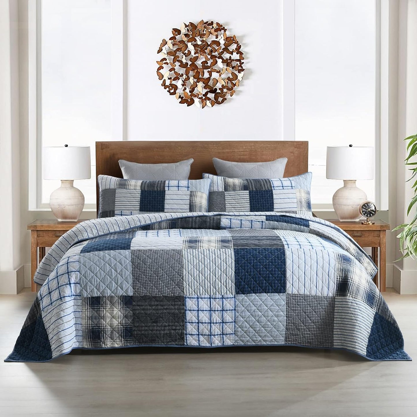 Yvooxny King Quilt Set Bedspread Reversible Plaid Grid Quilted Bedspread 3-Piece Real Patchwork Quilt Bedding Set with Pillowcases for All Seasons, King Size, 108 * 96 Inches