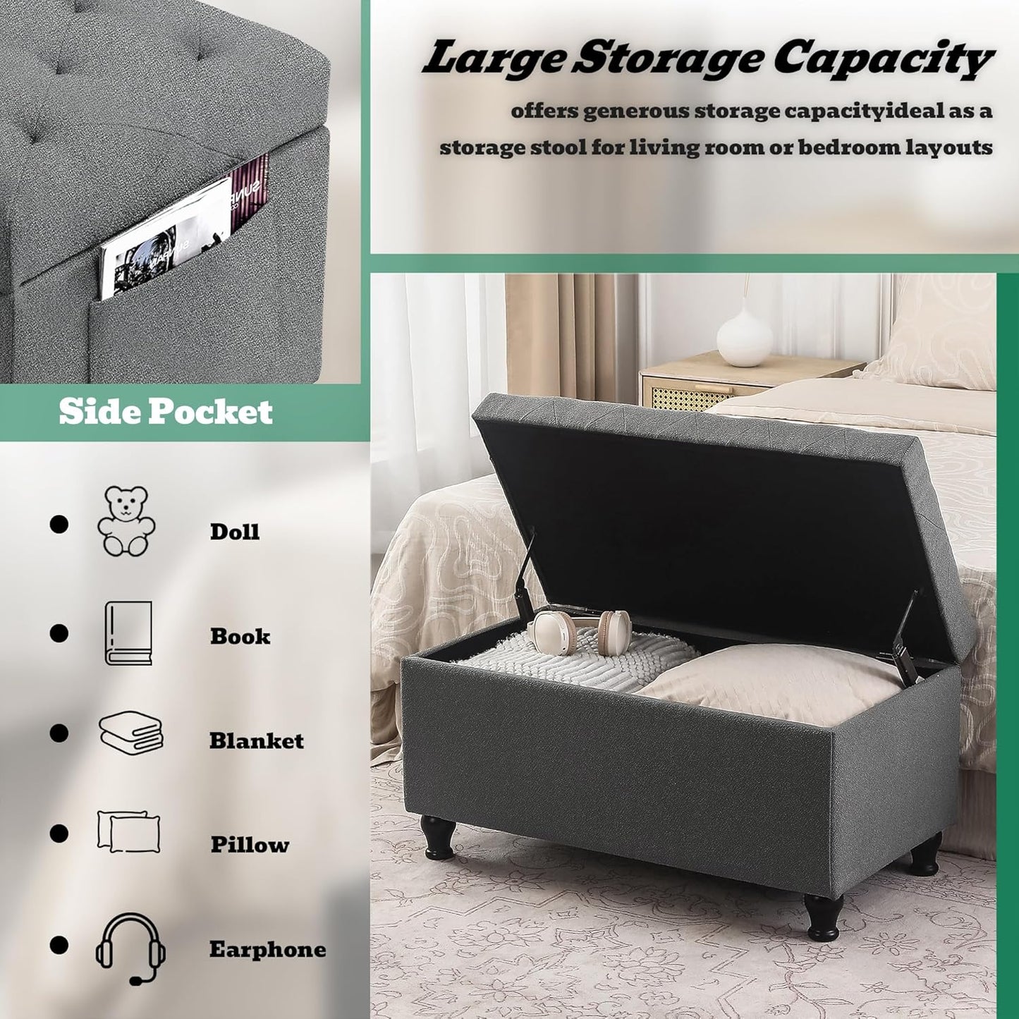 Ottoman with Storage 32'' Ottoman Storage Bench Fabric Ottomans Footstools Upholstered Foot Rest Stool for Couch, Living Room, Bedroom, Entrance Shoe Bench Gray