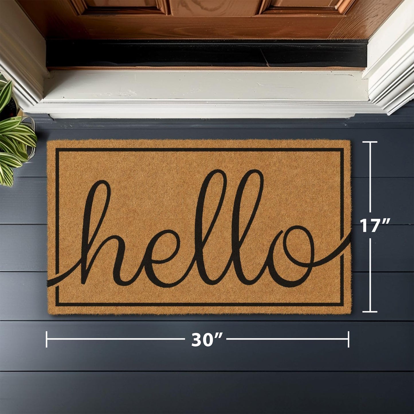 Barnyard Designs Natural Coco Coir Heavy Duty Backing Doormat - Large Cute Non-Slip Front Door Welcome Mat for Outside Entrance or Porch Entry, Brown (17x30, Hello)