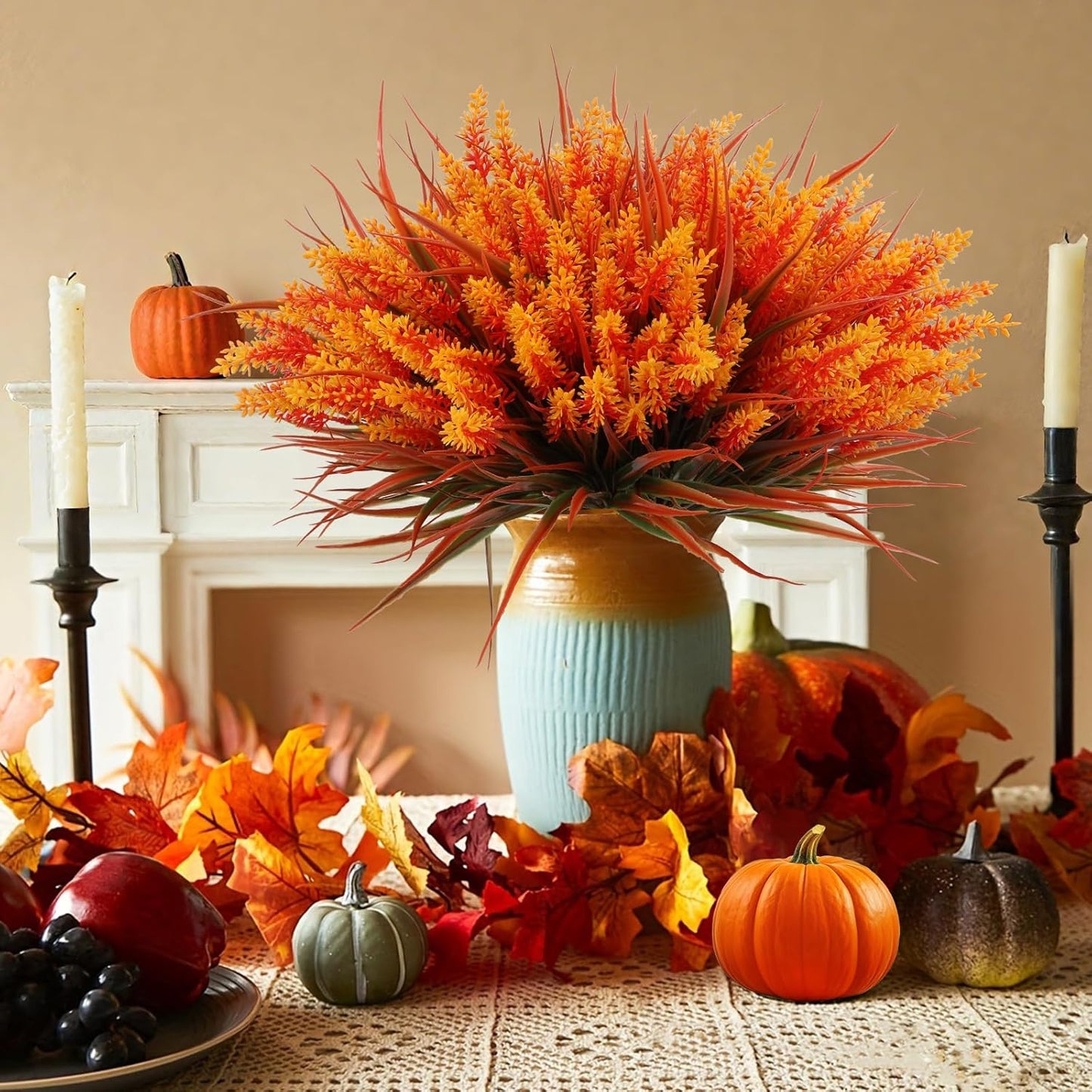 Geegoods 24 Bundles Artificial Fall Flowers Outdoor – Faux Lavender Flowers with Monkey Grass UV Resistant Plastic Faux Plants for Garden Porch Patio Home Decor, Autumn-Orange Color