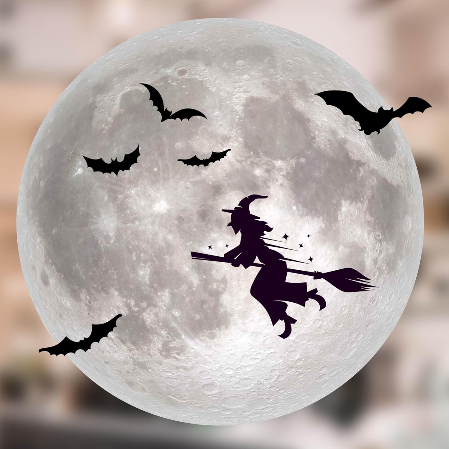 Halloween Clings for Glass Windows - 8" x 8" Moon Decal - Witch Silhouette - Halloween Decorations