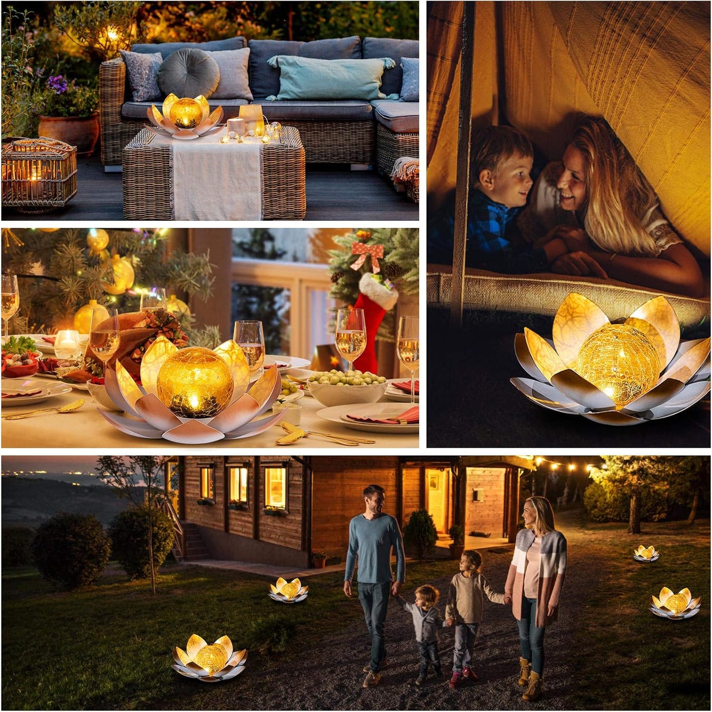 Garden Solar Lights Outdoor(2Pack) , Amber Crackle Globe Glass Lotus Decoration , Waterproof Orange Metal LED Flower Lights for Patio,Lawn,Walkway,Tabletop,Ground, Garden Gifts for Women