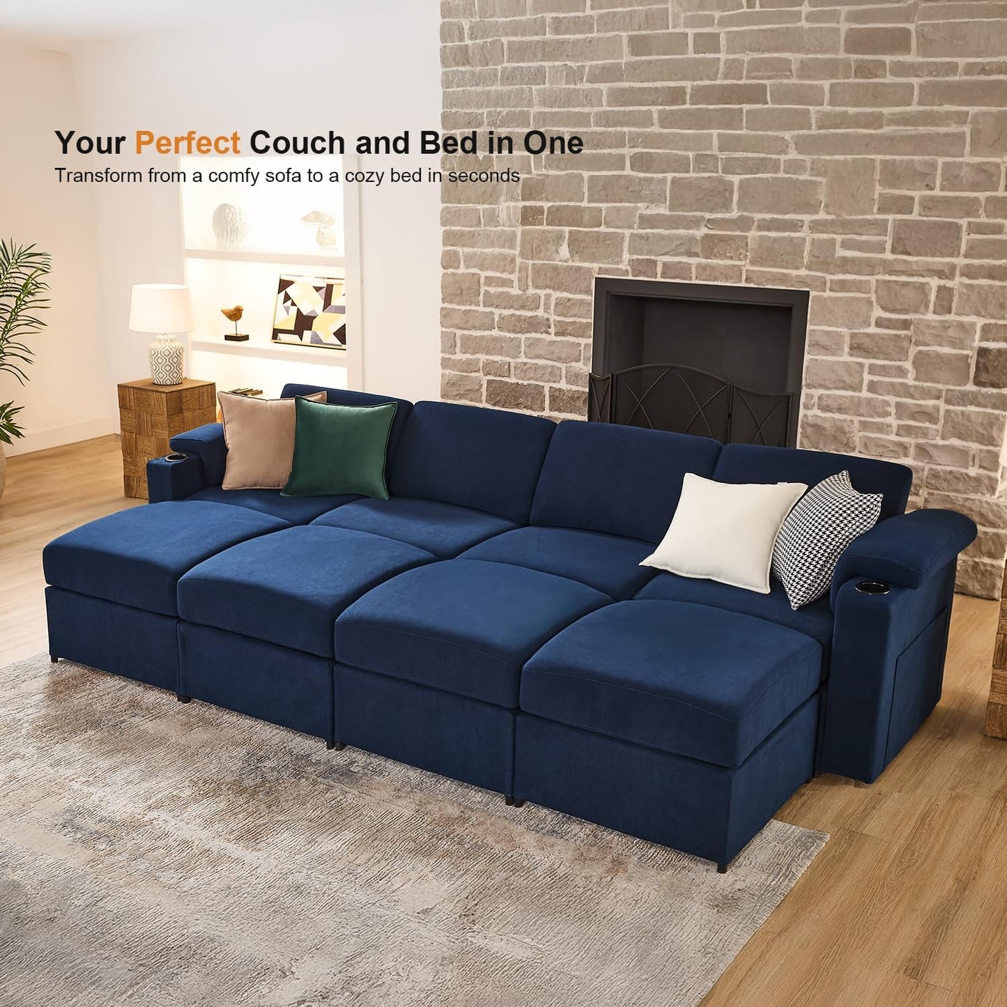 Modular Sectional Sofa Couch for Living Room Velvet Cloud Couches Oversized U Shaped Convertible Sleeper Sofa Chaise Detachable Armrest Cushion Cup Holder (Blue, 8 Seats)