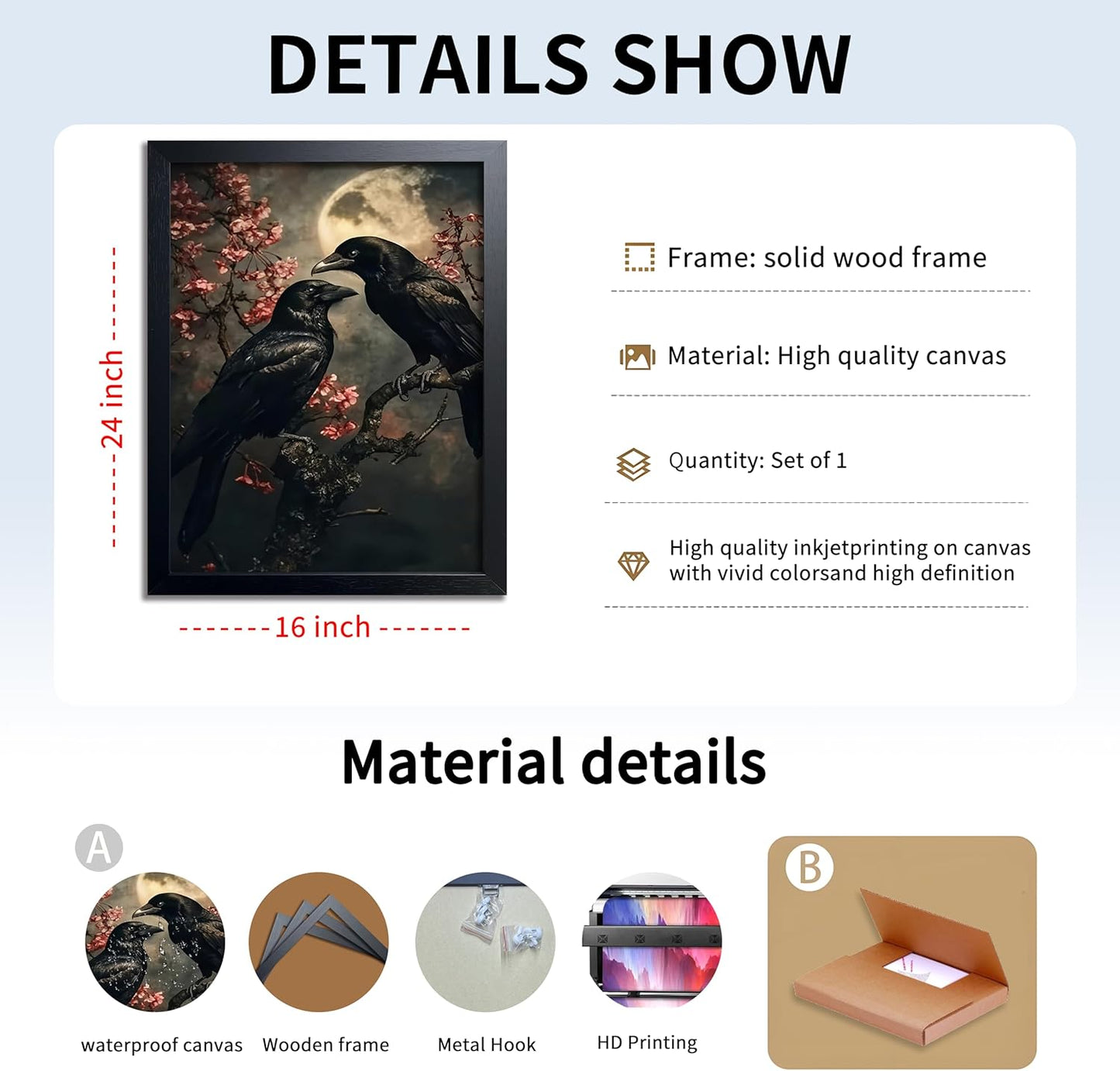 Black Wood Framed Halloween Canvas Wall Art Painting, Vintage Black Crow Cherry Blossom Wall Decor Picture, Dark Academia Gothic Poster Print Photo for Living Room Bedroom Office Decor 16x24 Inch