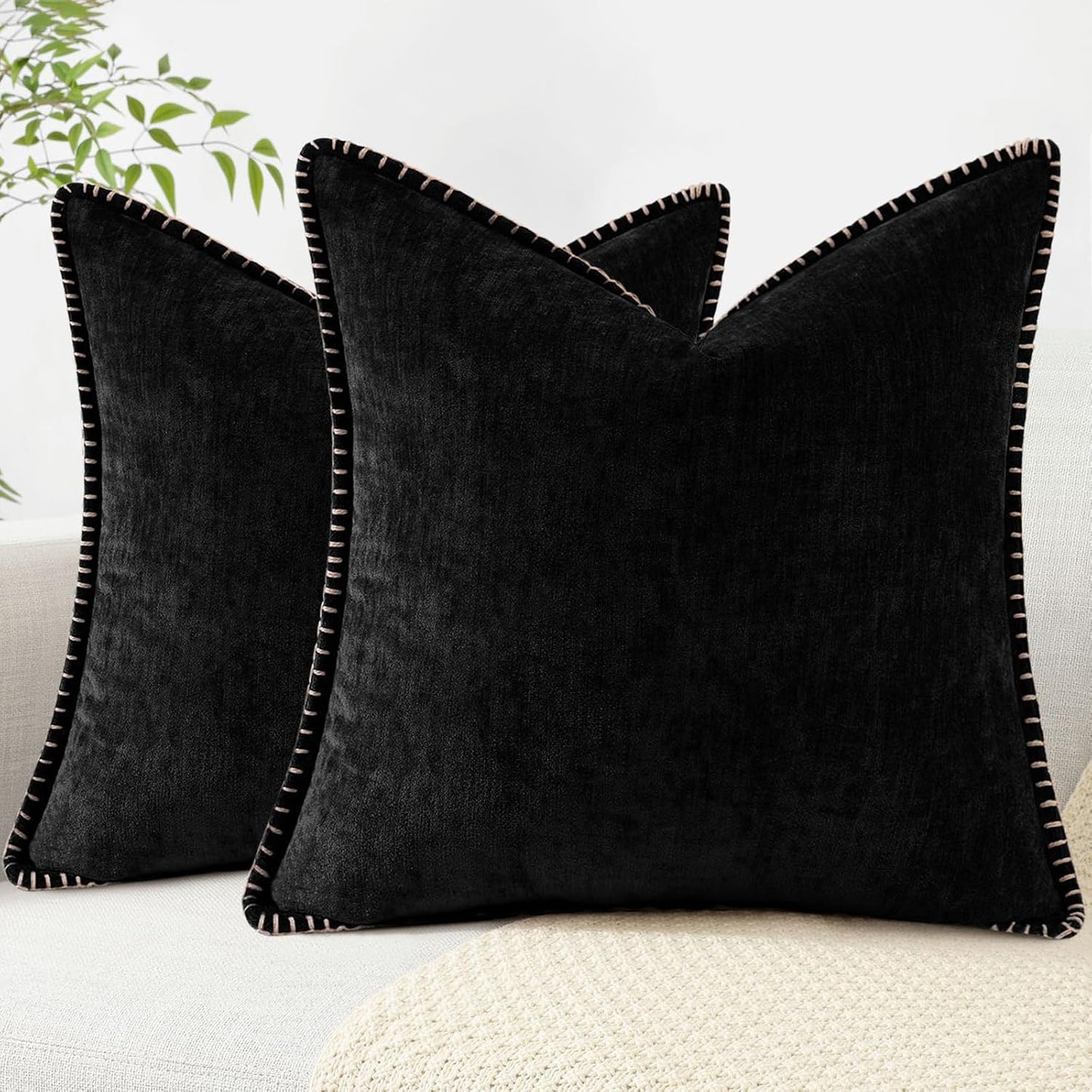 decorUhome Chenille Soft Throw Pillow Covers 22x22 Set of 2, Farmhouse Velvet Neutral Decorative Euro Pillow Covers with Stitched Edge for Couch Sofa Bed Home Decor, Black
