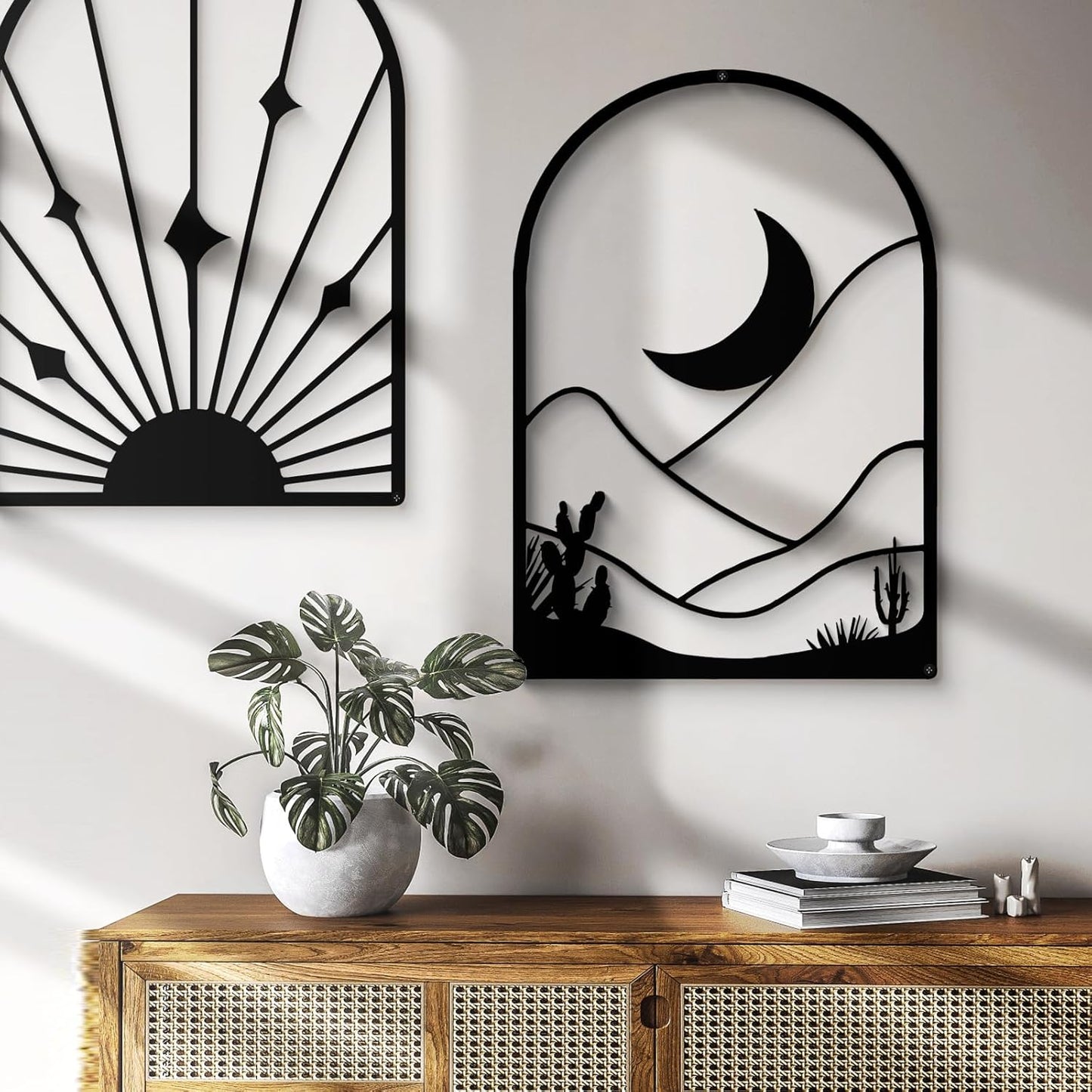 Glamativity 4 Pack Black Abstract Metal Wall Art, Minimalist Décor Single Line Art Wall Décor, 3D Textured Metal Wall Sculptures, for Living Room Bedroom Bathroom Study Room (Black Boho, L Size 22.5 x 15.7'')