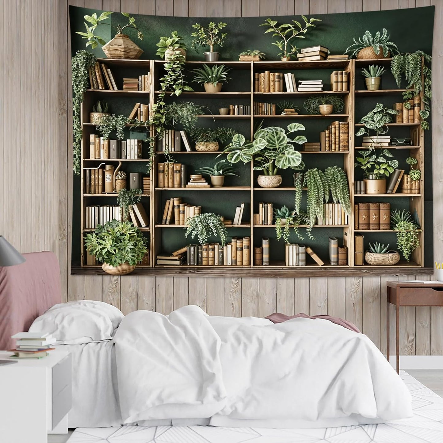 HVEST Green Plant Bookshelf Tapestry Book on Bookshelf and Plant Potted Tapestry Wall Hanging Reading Wall Art Decor for Study Room Bedroom Living Room College Dorm, 40L x 60W Inches
