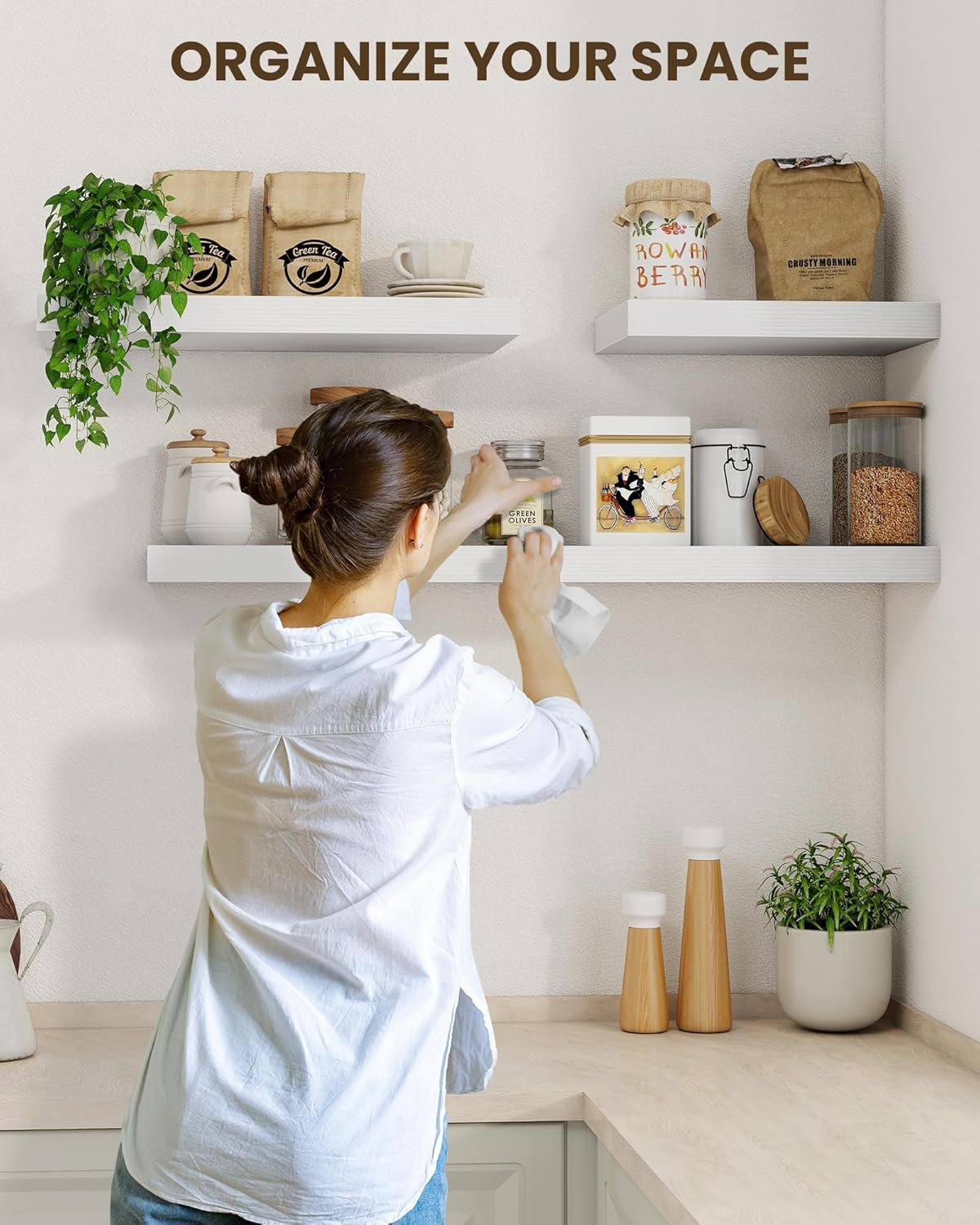 Marsmiles 31.5" Floating Shelves for Wall, Wooden Shelves with Invisible Brackets Set of 2, Rustic Farmhouse Wall Mounted Shelf for Kitchen Bathroom Living Room Study, White