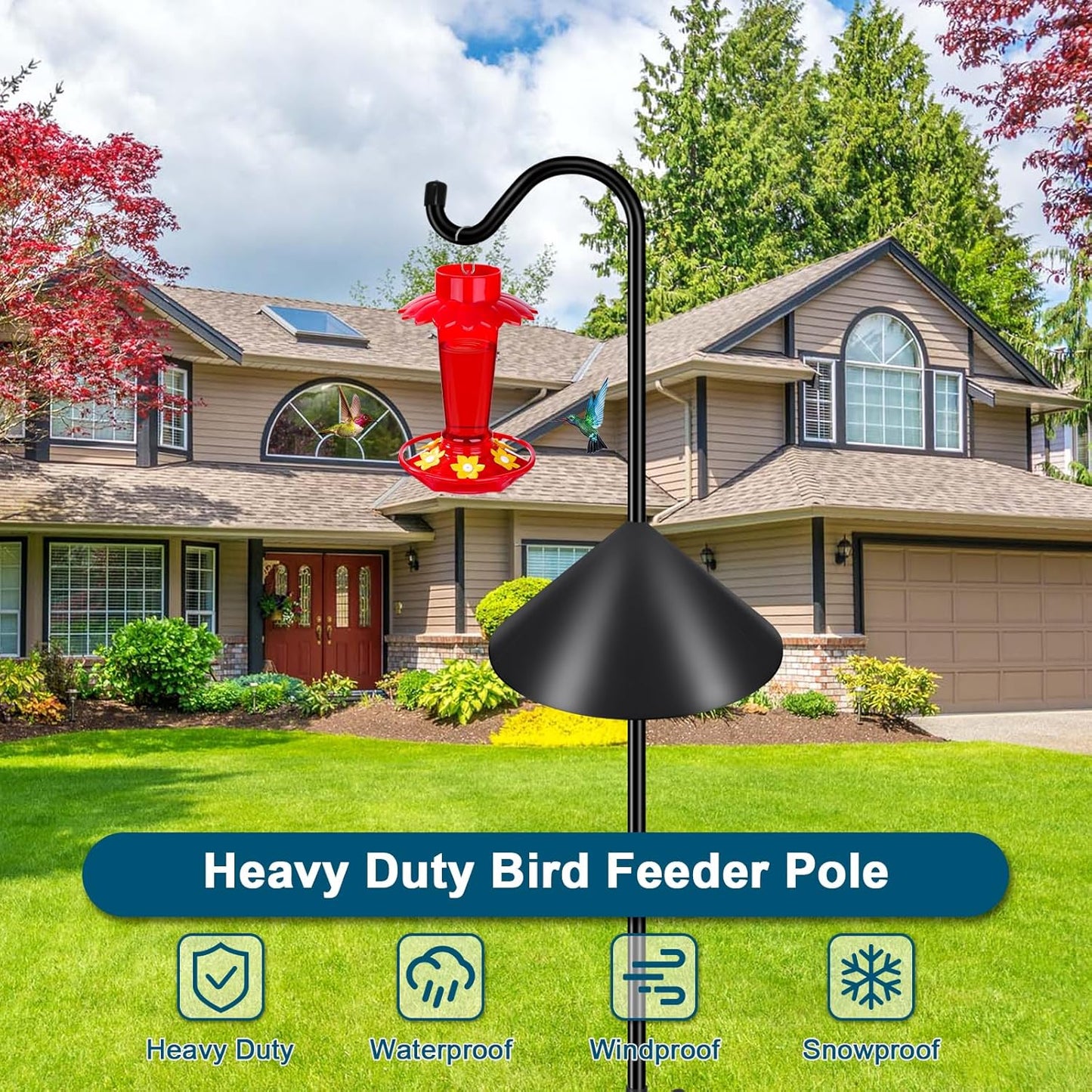 Gtongoko Bird Feeder Pole Squirrel Proof 92 Inch Shepherds Hook for Outdoor with Squirrel Baffles Adjustable Heavy Duty with 7 Prongs Base for Hanging Plants, Bird Feeders, Black