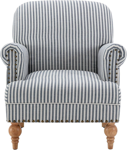 chairus Linen Accent Chair for Living Room Upholstered Mid Century Modern Single Sofa Chair with Solid Wood Legs Comfy Reading Chair Armchair for Bedroom/Office Room/Recption/Lounge, Blue Stripe