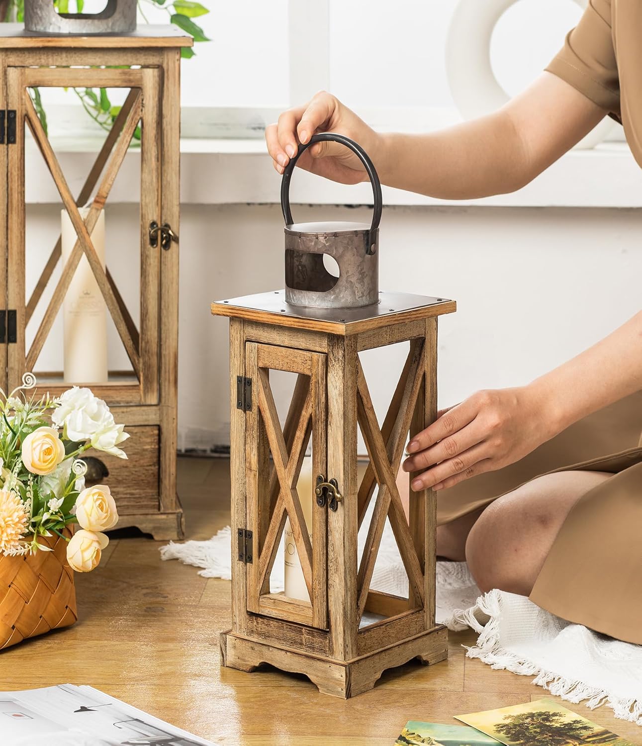 TIMRIS Large Farmhouse Wooden Candle Lantern Set of 2, Rustic Floor Candle Lanterns with Drawer, Vintage Hurricane Lantern Holder for Indoor Outdoor Decor (No Glass)