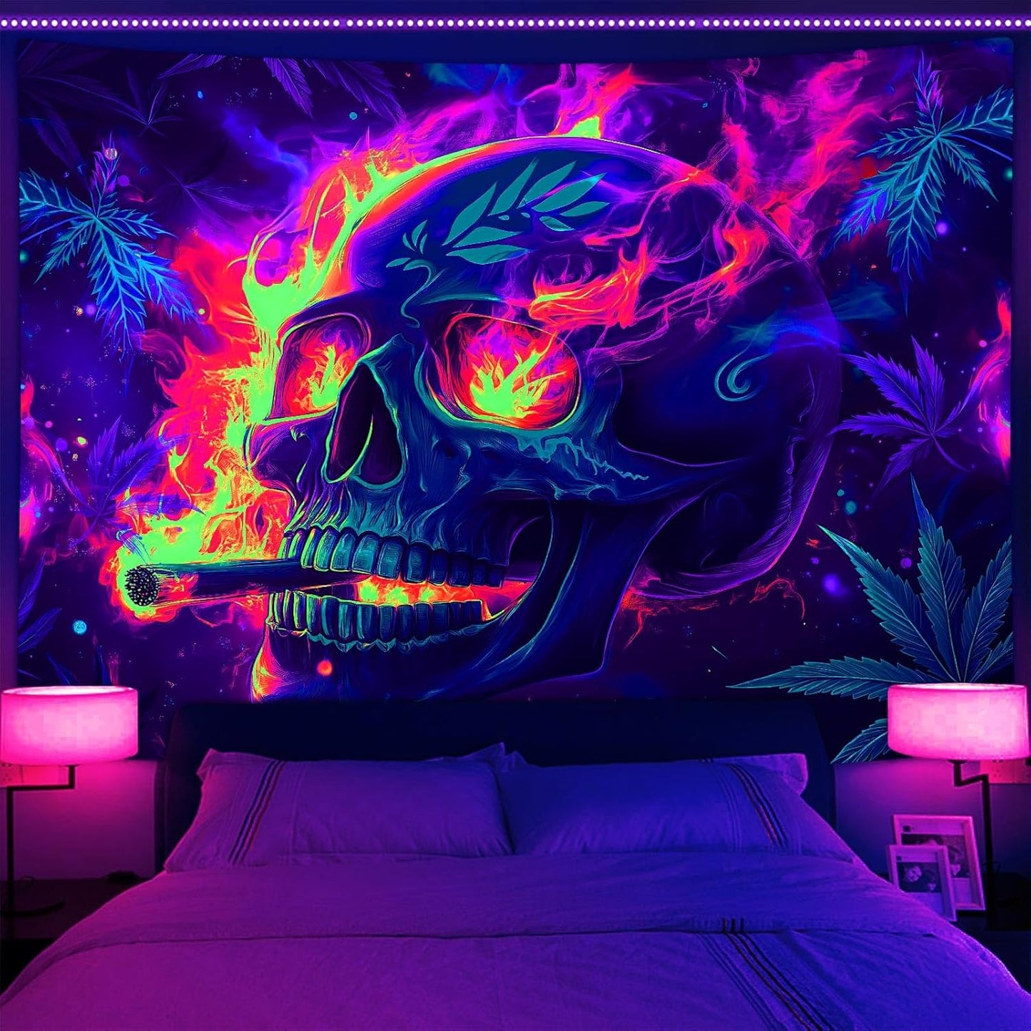 Blacklight Skeleton Tapestry, Glowing Skull UV Reactive Gothic Wall Hanging Tapestries, Glow in the Dark Grim Reaper Magic Horror Face Halloween Poster Tapestry for Bedroom Living Room Decor 70X60IN