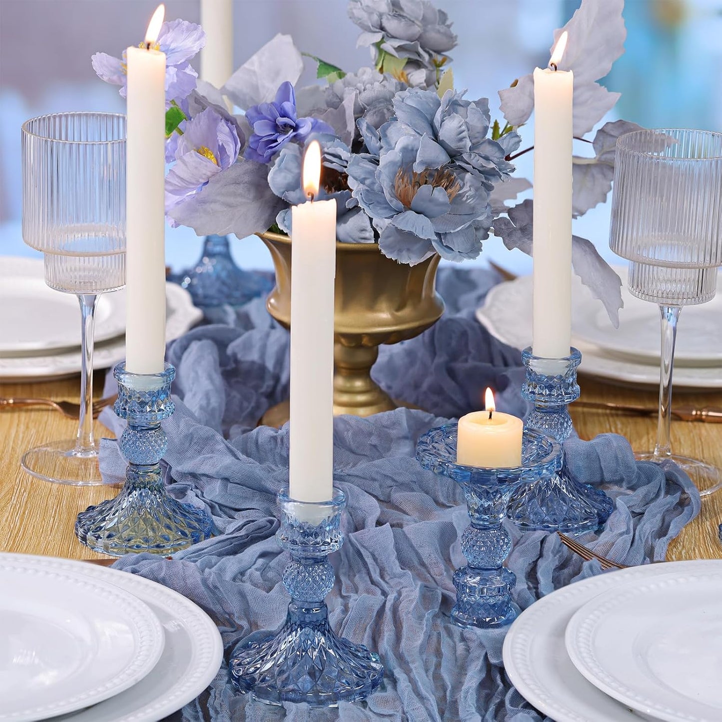12Pcs 4" H Aqua Blue Candlestick Holders Set- Taper Candle Holders Bulk, Glass Candle Holders for Wedding, Party, Romantic Dinner Table Centerpieces, Festival Gifts & Windowsill Decor