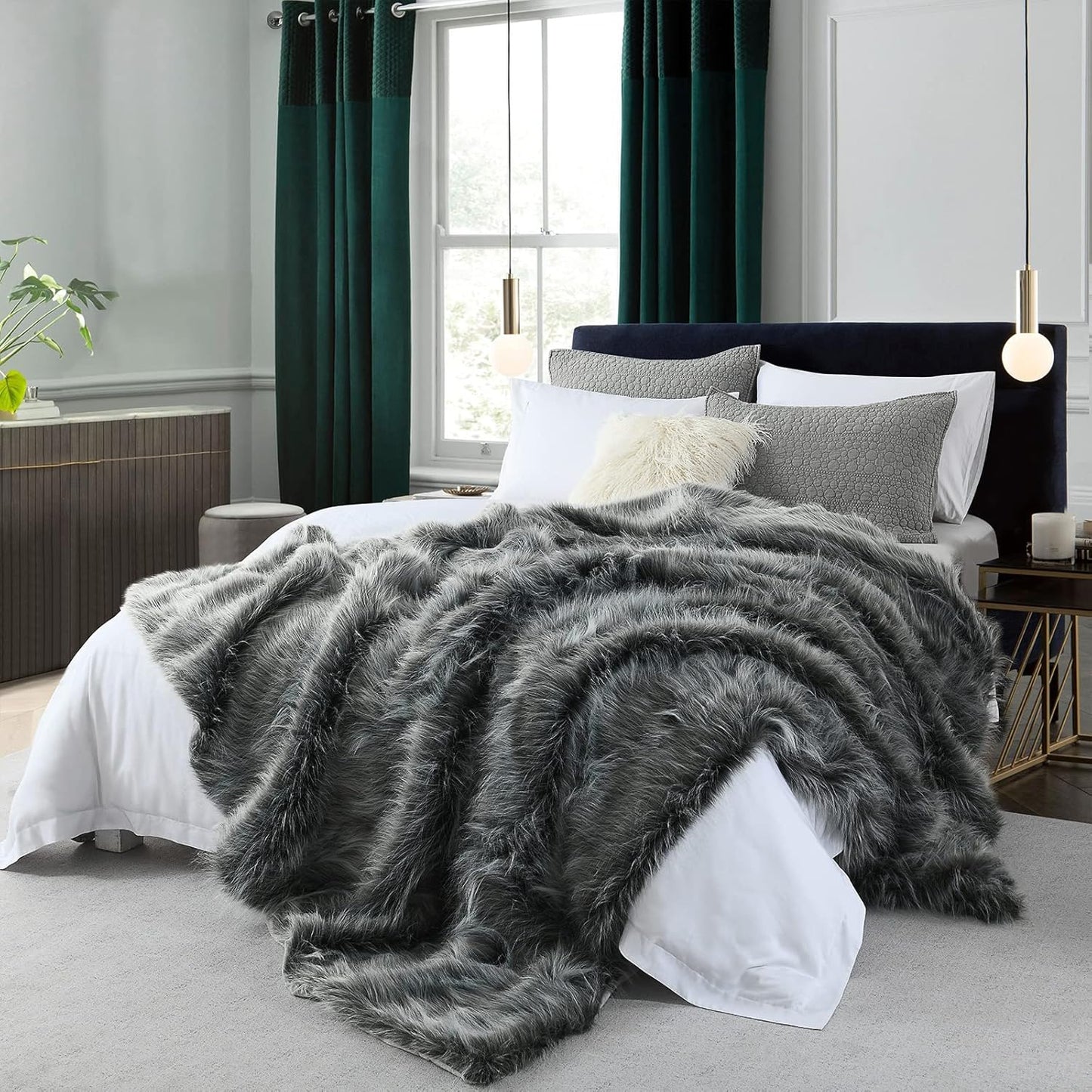 Luxury Faux Fur Blanket Queen Size, Ultra Big Grey and Black High Pile Mixed Faux Fur Throw, Oversized Super Warm, Fuzzy, Elegant, Fluffy Decoration Throw Blanket for Sofa, Couch and Bed, 90''x 90"