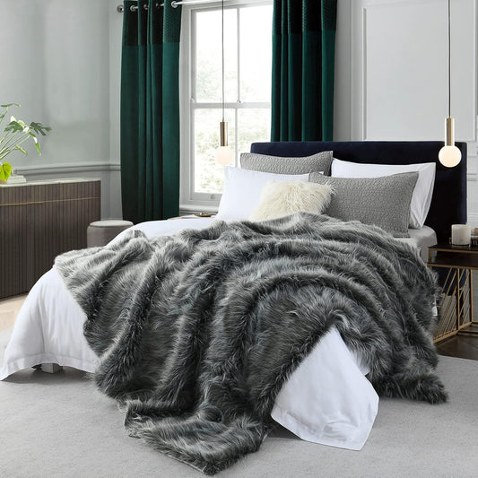 Luxury Faux Fur Blanket King Size, Ultra Big Grey and Black High Pile Mixed Faux Fur Throw Blanket, Oversized Super Warm, Fuzzy, Elegant, Fluffy Decoration Throws for Sofa, Couch and Bed, 104''x 90''