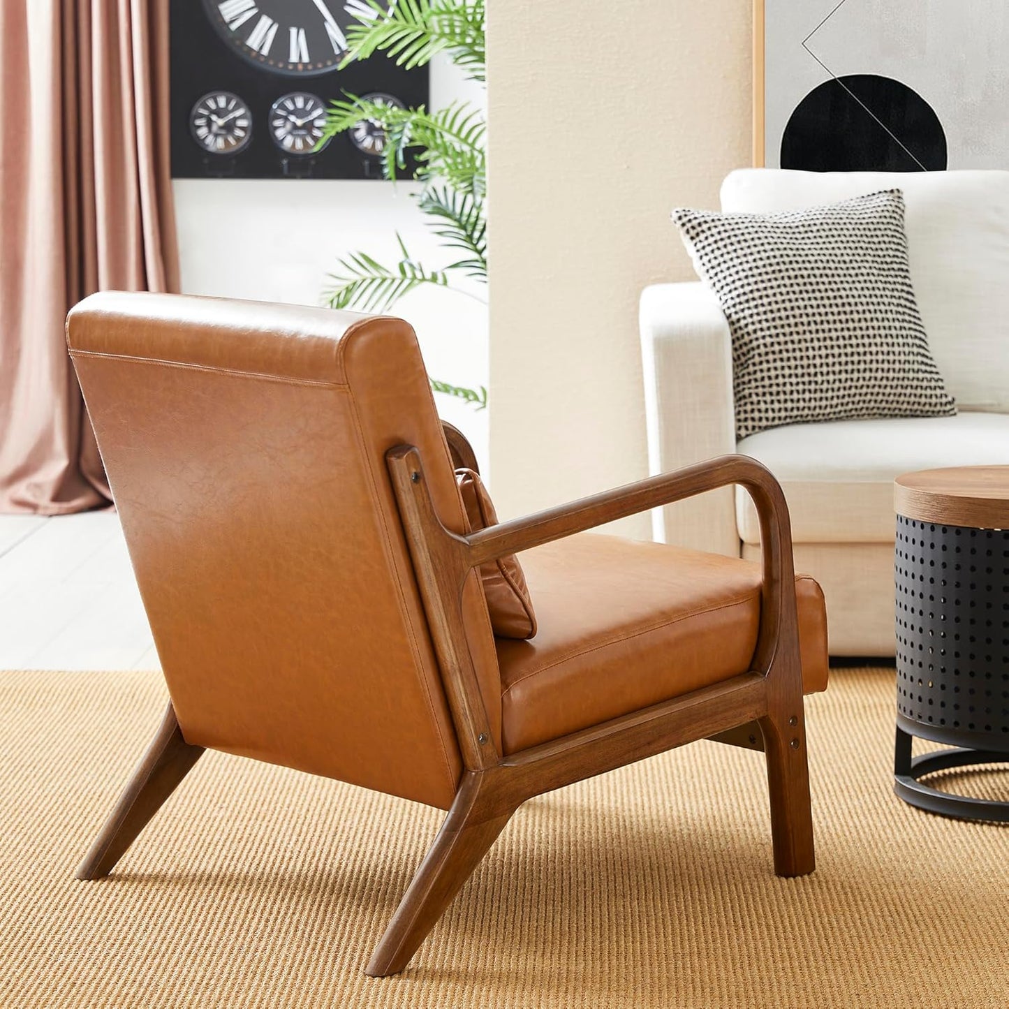 Glitzhome 2 Set Mid Century Yellowish Brown Accent Armchair, Single Reading Armchair PU Leather Lounge Chair with Walnut Ruberwood Frame