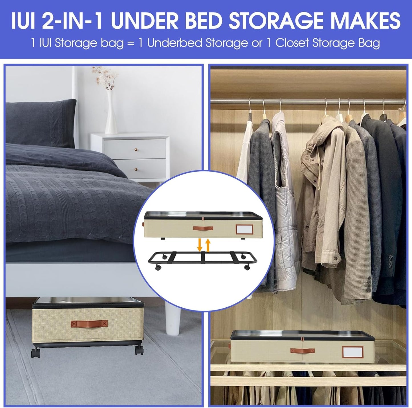 IUI Under Bed Storage with Wheels & Lid, 50L Large Capacity Underbed Storage Containers, Versatile Under The Bed Shoe Storage for Clothes, Books, Toys, 2 Pack, Ivory White