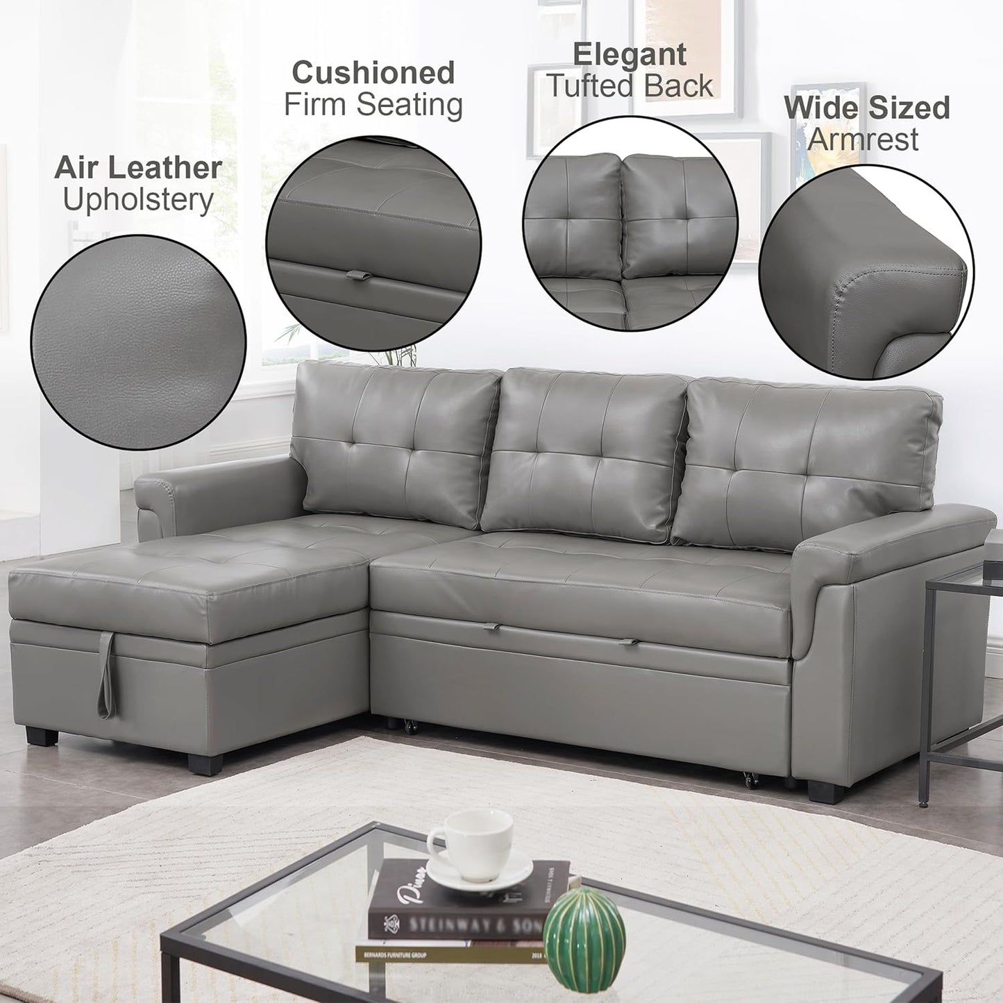 Naomi Home Modern Sectional Sofa with Storage Chaise Gray/Air Leather