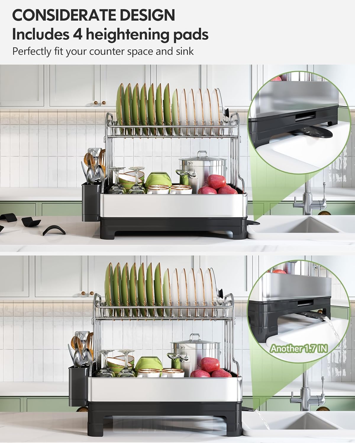 BOOSINY Extra Large Stainless Steel Dish Drying Rack, 2 Tier Dish Racks for Kitchen Counter, Dish Drainer with Drainboard Set, Full Size Dish Dryer Rack with Utensil Holder, Black