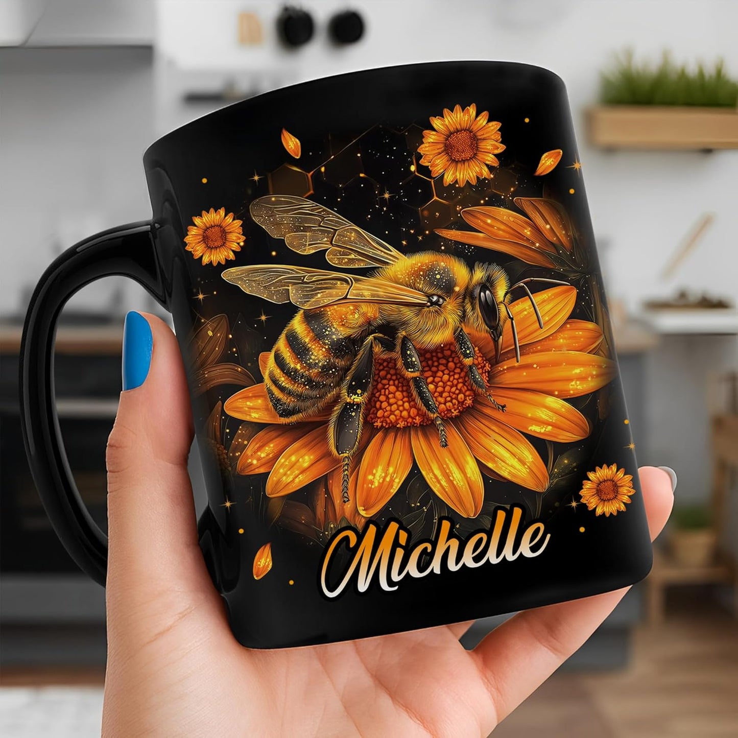 Hyturtle Personalized Sunflower Bee Mug - Bee Keeper Gifts For Women Lovers Teacher - Honey Gifts For Beekeeper Farmer On Birthday - Queen Honeycomb Decor - Custom Coffee Cup Ceramic Mug 11 Oz 15 Oz