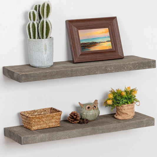 Floating Shelves, 8 Inch Deep Rustic Solid Reclaimed Wood Wall Shelves for Storage, Wall Mounted Display Shelving with Invisible Heavy-Duty Metal Bracket, 24 Inch Width Set of 2, Cement Grey