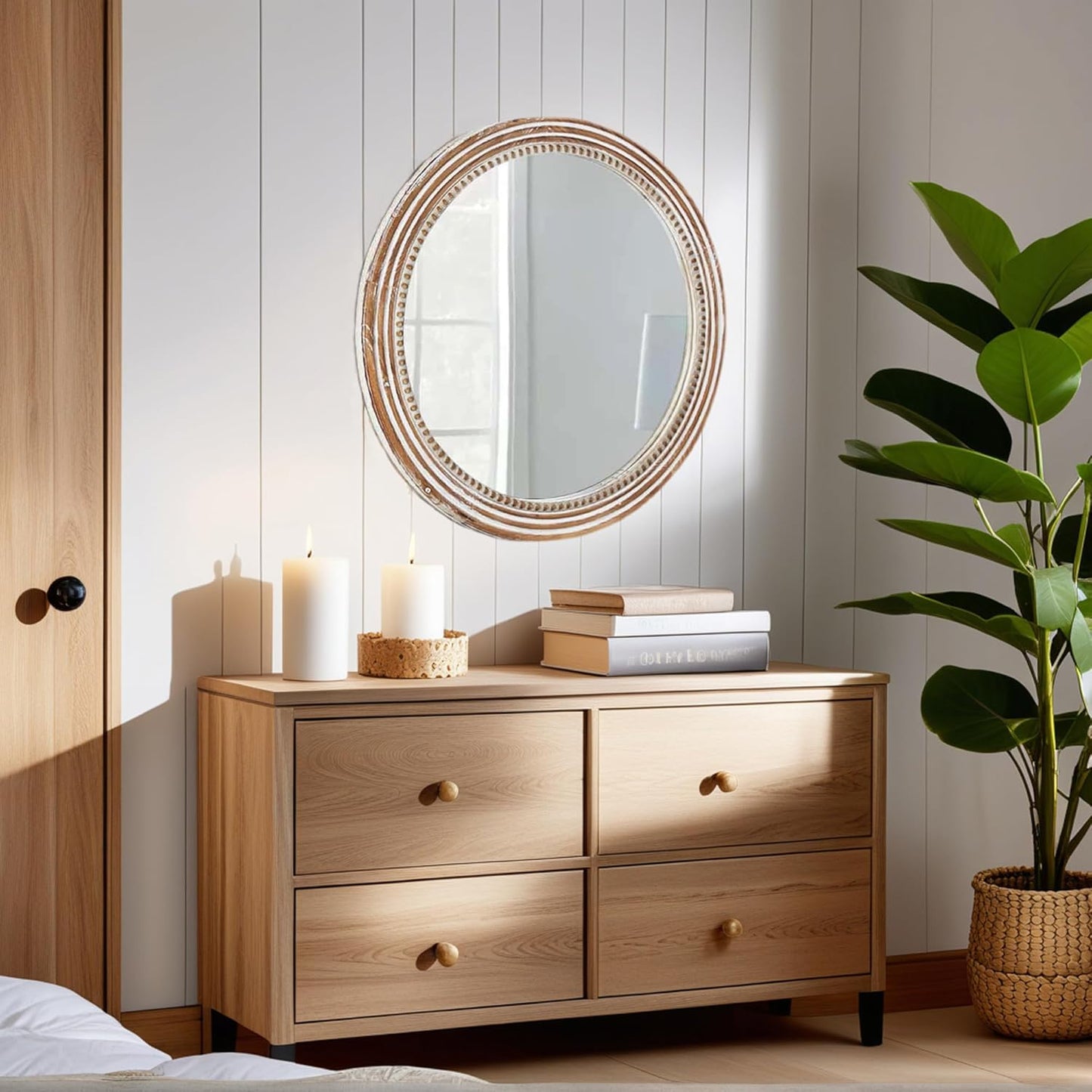 24 Inch Rustic Round Mirror - Farmhouse Vintage Bathroom Vanity Mirror, Wall-Mounted Round Mirrors for Bathroom Sink, Bedroom & Living Room and Framed Decorative Restroom Mirror