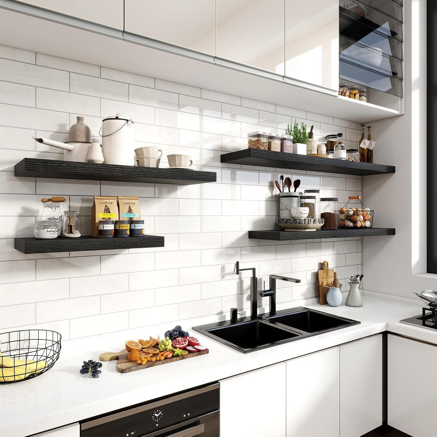 12 Inch Deep Floating Shelves, 24 Inch Long Floating Shelves for Wall, Floating Shelf with Invisible Brackets, Deep Shelves for Bathroom, Bedroom, Living Room, 2 Pack, Black