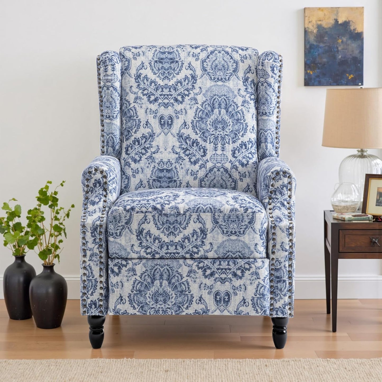 UIXE Floral Pushback Recliner Chairs Set of 2, Fabric Upholstered Armchair Push Back Accent Chair for Living Room, Rivet Trim Club Chair Home Theater Single Sofa Reading Seat - Navy Blue